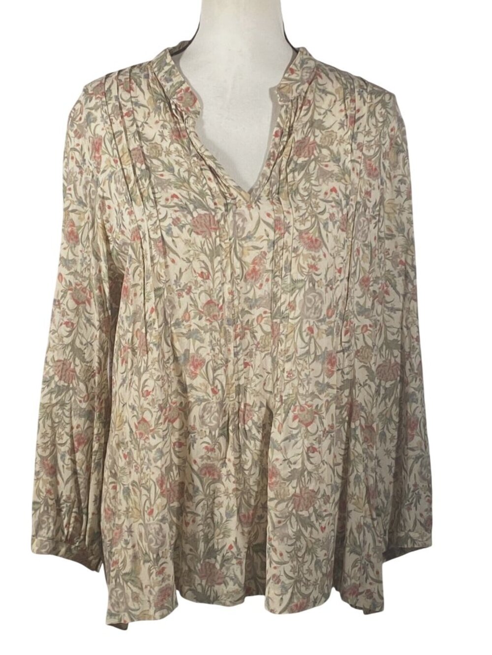 Peruvian Connection prairie Floral Print Long Sleeve Blouse Pleated Size M